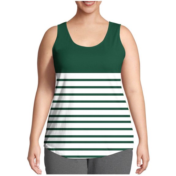 Women's Tank Tops Plus Size Striped Print Crew Neck T Shirts Casual Loose Fit Sleeveless Standard Straps Summer Shirts