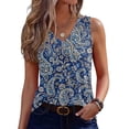 thumbnail image 1 of Women's Tank Tops Retro Floral Pattern V Neck Sleeveless Pleated Flowy Casual Vacation Tops Navy XL, 1 of 4