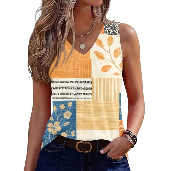 Women's Tank Tops Retro Floral Pattern V Neck Sleeveless Pleated Flowy Casual Vacation Tops Orange L