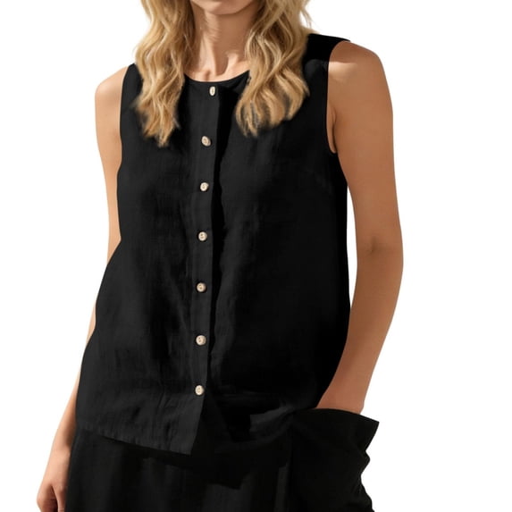 Women's Tank Tops Round Neck Button Down Shirts Cotton Linen Sleeveless Top Casual Summer Cami Black L