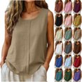 thumbnail image 1 of Women's Tank Tops Round Neck Fashionable Summer Linen Solid Color Sleeveless with Pleats Yoga Training Top, 1 of 7