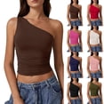 thumbnail image 1 of Women's Tank Tops Shirts,One-Shoulder Sleeveless Tops,Solid Color Slim Fit Cropped Summer Tank Tops Coffee L, 1 of 4