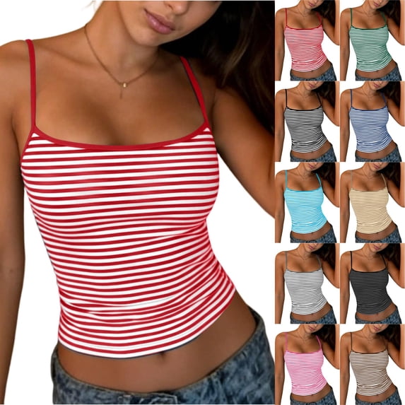 Women's Tank Tops Shirts,Round Neck Sleeveless Tops,Solid Color Slim Fit Cropped Casual Summer Tank Tops Red L