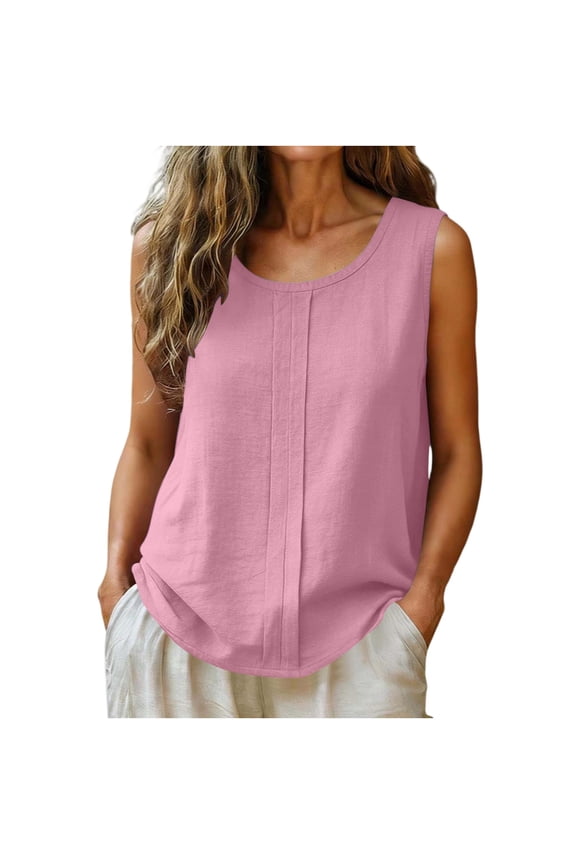 Women's Tank Tops Sleeveless Crew Neck Shirred Cotton Linen Summer Blouses Solid Color Lightweight Breathable Fashion Tunics