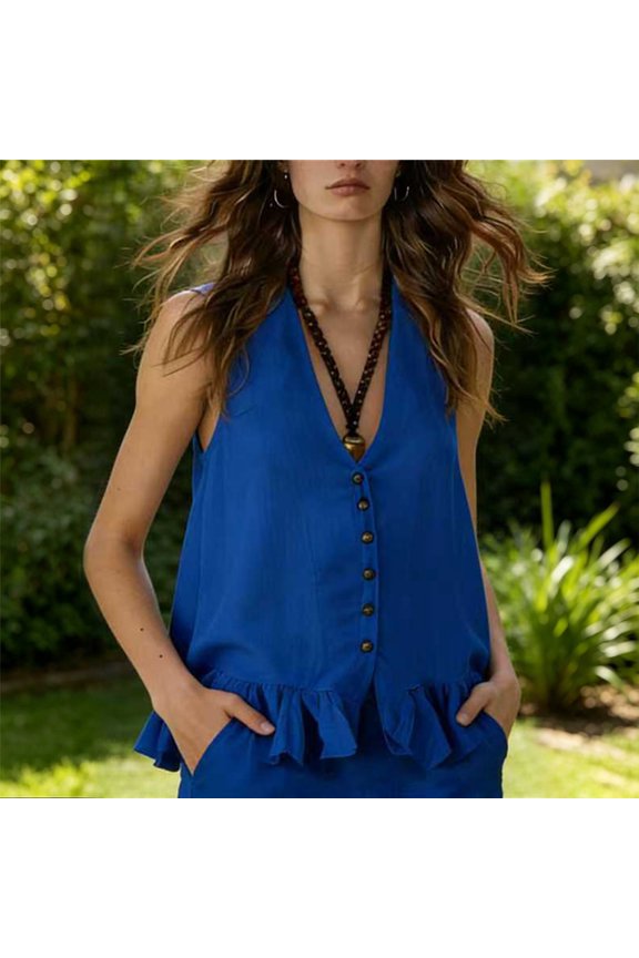 Women's Tank Tops Sleeveless Peplum Top Button Front Casual Flared Hem Blouse for Summer Daily Wear Stylish Solid Color vest Blue XXL