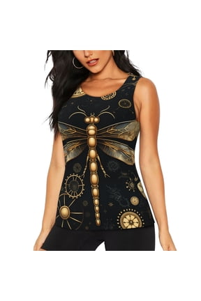 Women's Tank Tops Sleeveless T Shirts Athletic Tee for Running Yoga Gym, Gold Steampunk Dragonfly Black Golden
