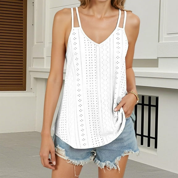 Women's Tank Tops Sleeveless V Neck Spaghetti Strap Casual Flowy Summer Beach Blouse Loose Fit Basic Shirt Dressy Everyday Versatile
