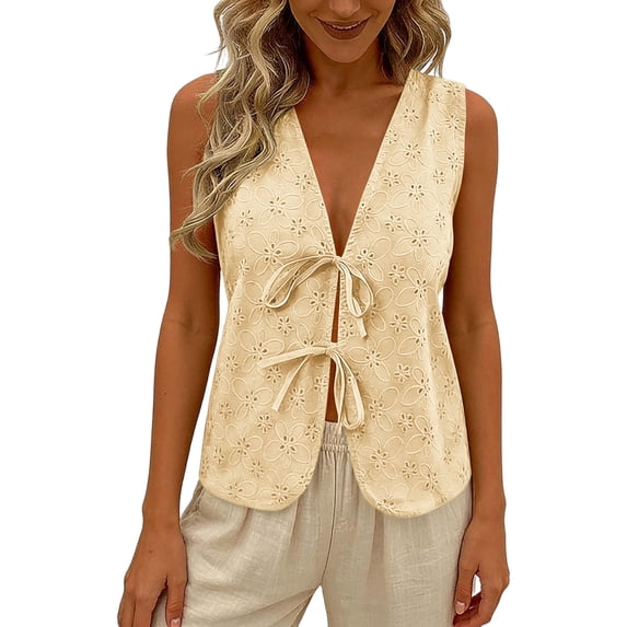 Women's Tank Tops Solid Color Deep V-Neck Tank Top with Floral Cutout and Tie-Front Detail Boho Style Cool Comfortable Summer Daily Wear Simple Office