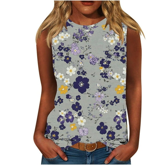 Women's Tank Tops Summer Casual Floral Print Crew Neck Sleeveless Plus Size Shirts Loose Fit Tunic Tops (4XL, Multicolor 7)