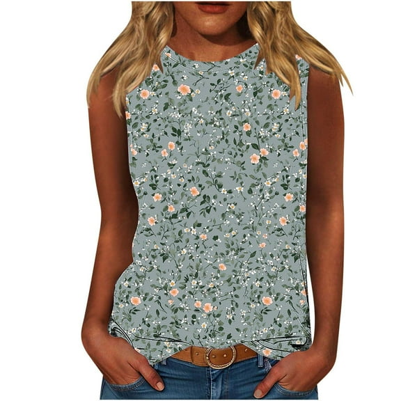 Women's Tank Tops Summer Casual Floral Print Crew Neck Sleeveless Plus Size Shirts Loose Fit Tunic Tops (L, Multicolor 10)