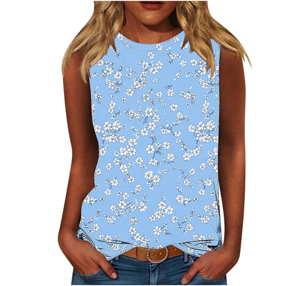 Women's Tank Tops Summer Casual Floral Print Crew Neck Sleeveless Plus Size Shirts Loose Fit Tunic Tops (L, Multicolor 8)