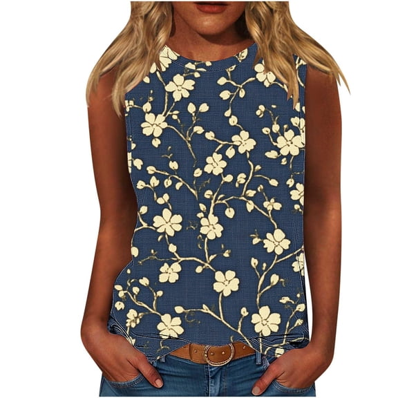 Women's Tank Tops Summer Casual Floral Print Crew Neck Sleeveless Plus Size Shirts Loose Fit Tunic Tops (XL, Multicolor 15)