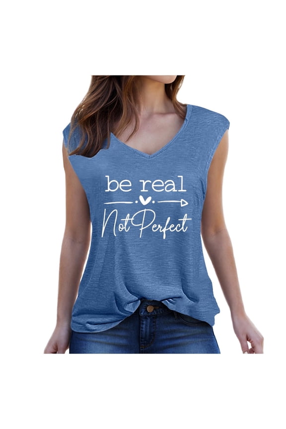 Women's Tank Tops Summer Fashion Casual V Neck Letter Print Sleeveless Graphic Tees Loose Comfortable Shirt (2XL, Blue 1)