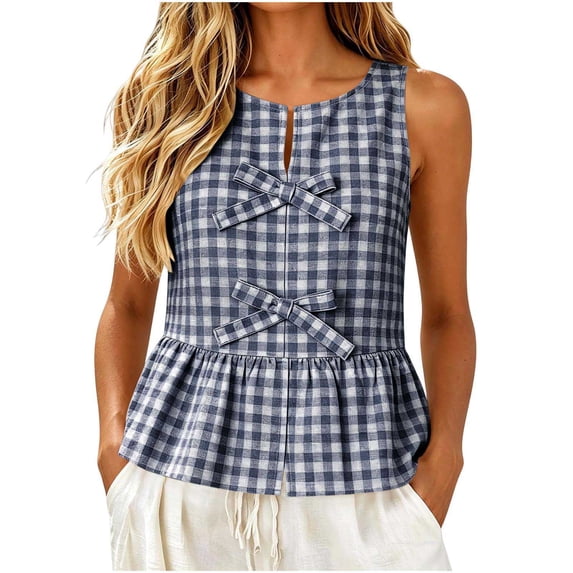 Women's Tank Tops Summer Sleeveless Crewneck Tie Front Top Loose Ruffle Babydoll Blouses