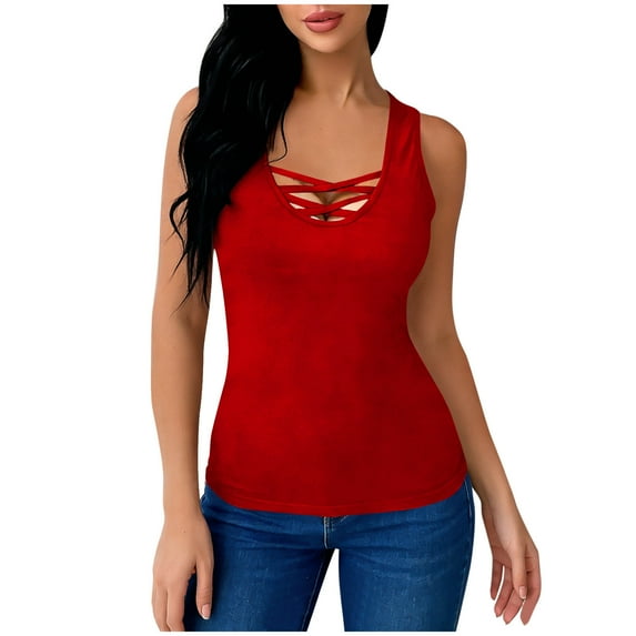 Women’s Tank Tops Summer Sleeveless Shirts Summer Criss Cross Casual Basic Shirts ,Red,XL