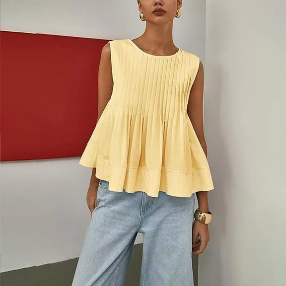 Women's Tank Tops Summer Solid Color Crew Neck T Shirts Casual Loose Fit Sleeveless Standard Straps Pleated Tops