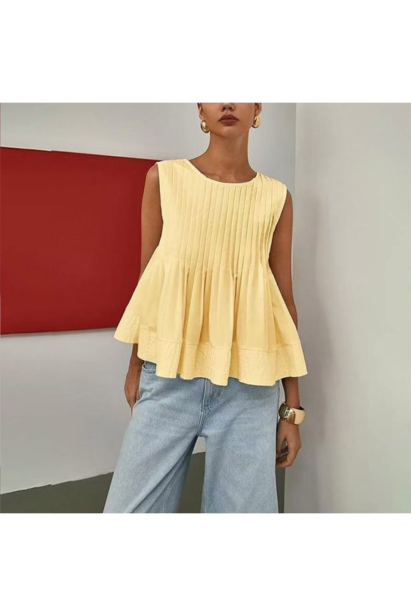 Women's Tank Tops Summer Solid Color Crew Neck T Shirts Casual Loose Fit Sleeveless Standard Straps Pleated Tops