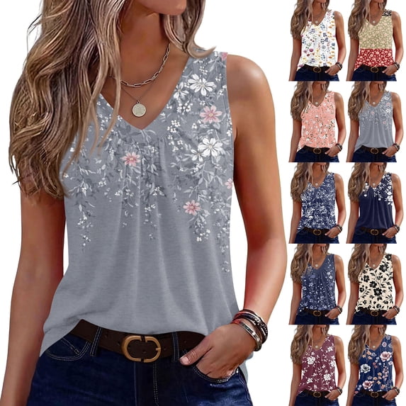 Women's Tank Tops V Neck Sleeveless Botanical Floral Print Loose Fit Casual Basic Summer Blouse Multicolor S