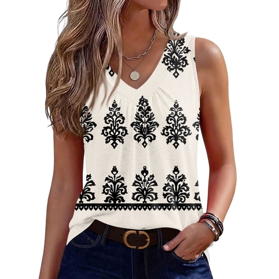 Women's Tank Tops V Neck Sleeveless Cute Floral Branch Print Pleated Front Casual Loose Summer Tops Beige L