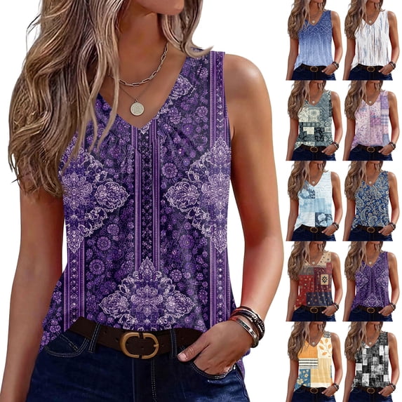Women's Tank Tops V Neck Sleeveless Floral Print Loose Fit Casual Basic Summer Blouse for Ladies Wine M