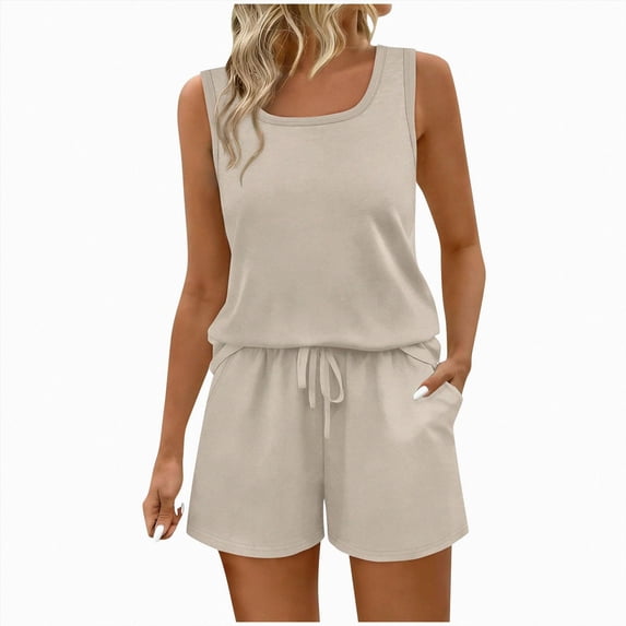 Women’s Tank Tops Wide Leg Elastic Waist Short Pockets Two Piece Summer Outdoor