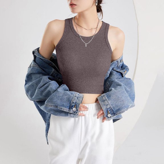 Women's Tank Tops Women'S Short I Shaped Vest With Chest Cushion Slim Fit Underwear Including Bra Exposed Navel Waist Top Base Shirt Vest,Gray Women's Tanks & Camis S