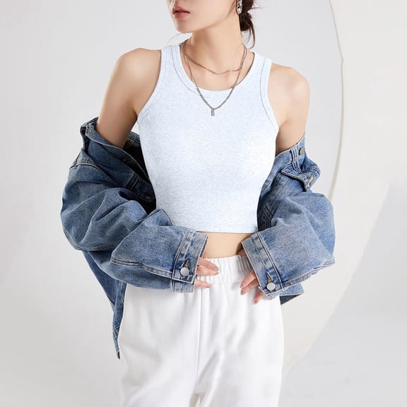 Women's Tank Tops Women'S Short I Shaped Vest With Chest Cushion Slim Fit Underwear Including Bra Exposed Navel Waist Top Base Shirt Vest,White Women's Tanks & Camis L