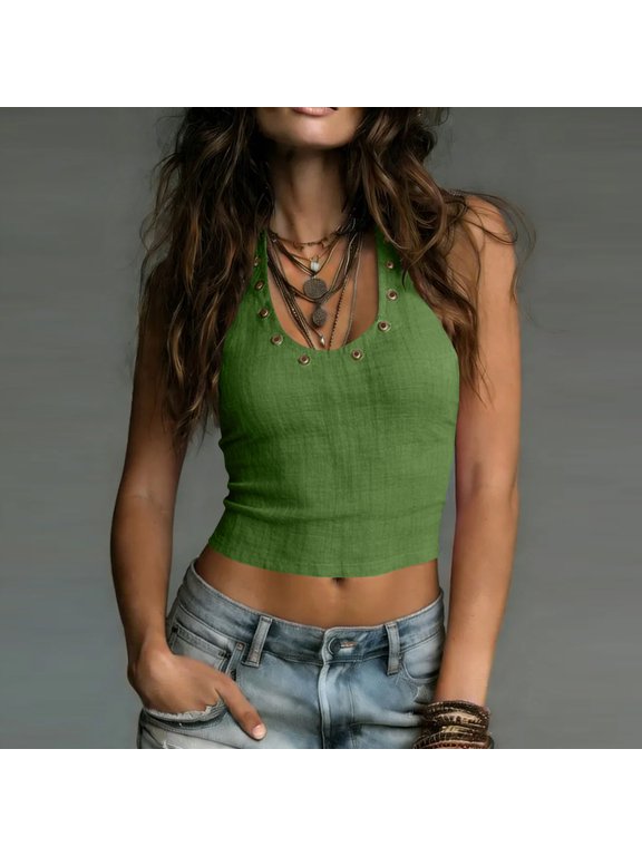 Women's Tank Tops Y2k Grommet Eyelet Halter Tank Tops Going Out Sleeveless Tops Basic Cami Crop Punk Ruched Studded Tank Top Rock V Neck Fitted Tops Streetwear Going Out Grunge Tops