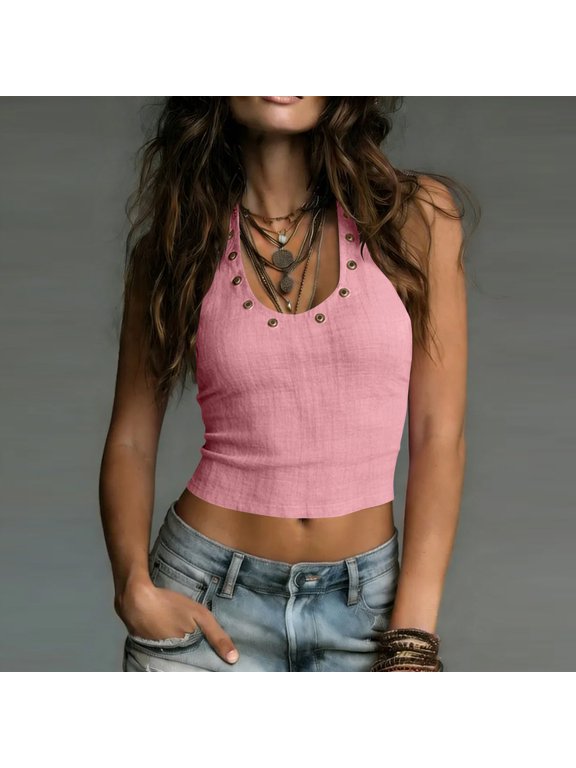 Women's Tank Tops Y2k Grommet Eyelet Halter Tank Tops Going Out Sleeveless Tops Basic Cami Crop Punk Ruched Studded Tank Top Rock V Neck Fitted Tops Streetwear Going Out Grunge Tops