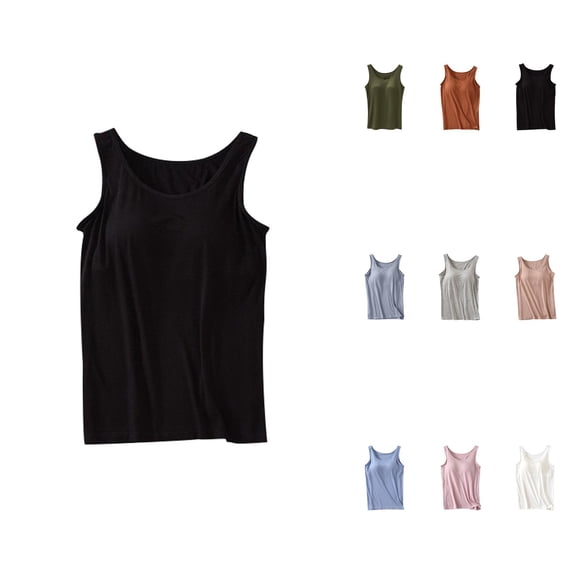 Women's Tank Tops with Built-In Bra – Padded Sleeveless Crew Neck Camisole for Summer Casual, Workout & Yoga, Plus Size Wide Strap Basic Top