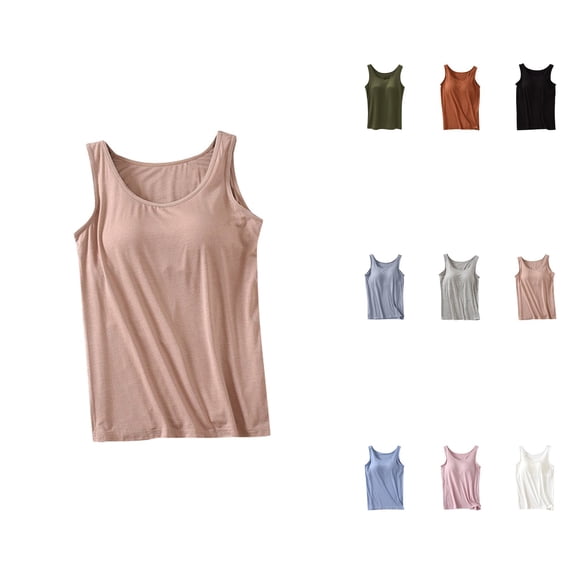 Women's Tank Tops with Built-In Bra – Padded Sleeveless Crew Neck Camisole for Summer Casual, Workout & Yoga, Plus Size Wide Strap Basic Top