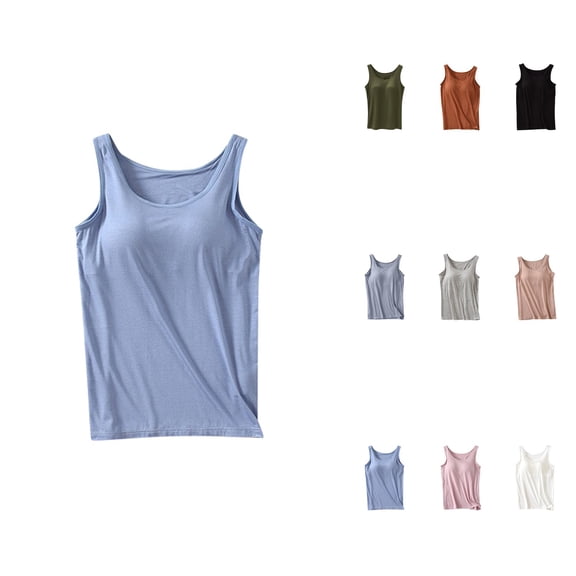 Women's Tank Tops with Built-In Bra – Padded Sleeveless Crew Neck Camisole for Summer Casual, Workout & Yoga, Plus Size Wide Strap Basic Top