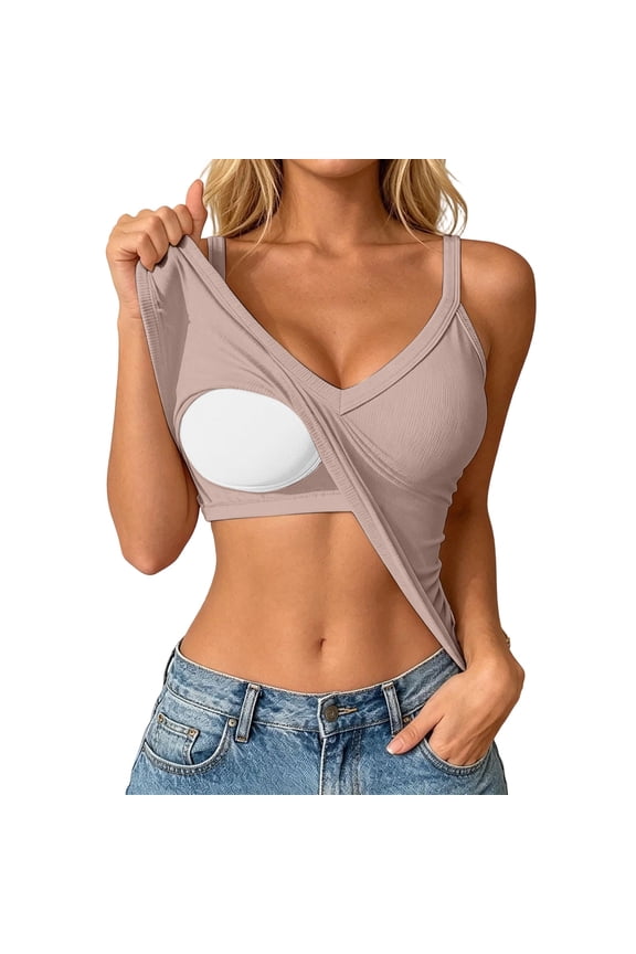 Women's Tank Tops with Built in Bras V-Neck Cami, Ribbed Polyester Bra Tank Camisoles for Layering Khaki L
