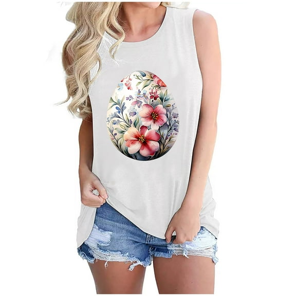 Women's Tank Tops with Floral Prints Graphic Easter T Shirts Loose Fit Crew Neck Casual Summer Tees Tanks (M, White)