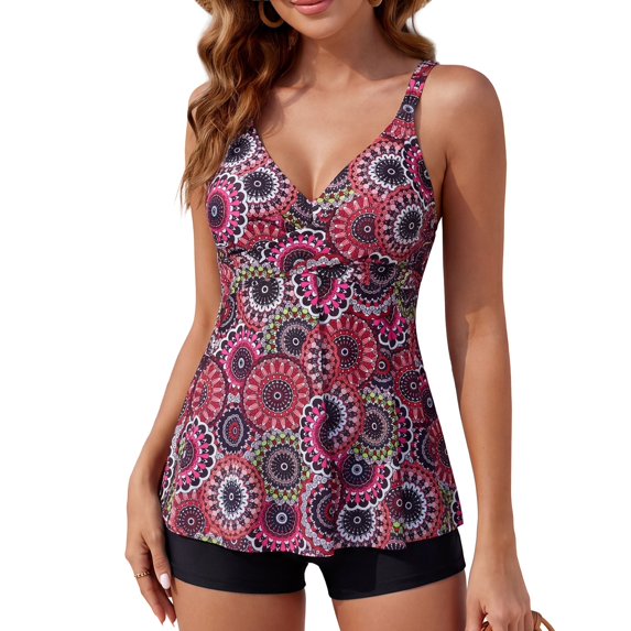 Women's Tankini Bathing Suits Two-Piece Tummy Control Swim Dress High Waist Printing Padded Swimsuits with Boyshorts