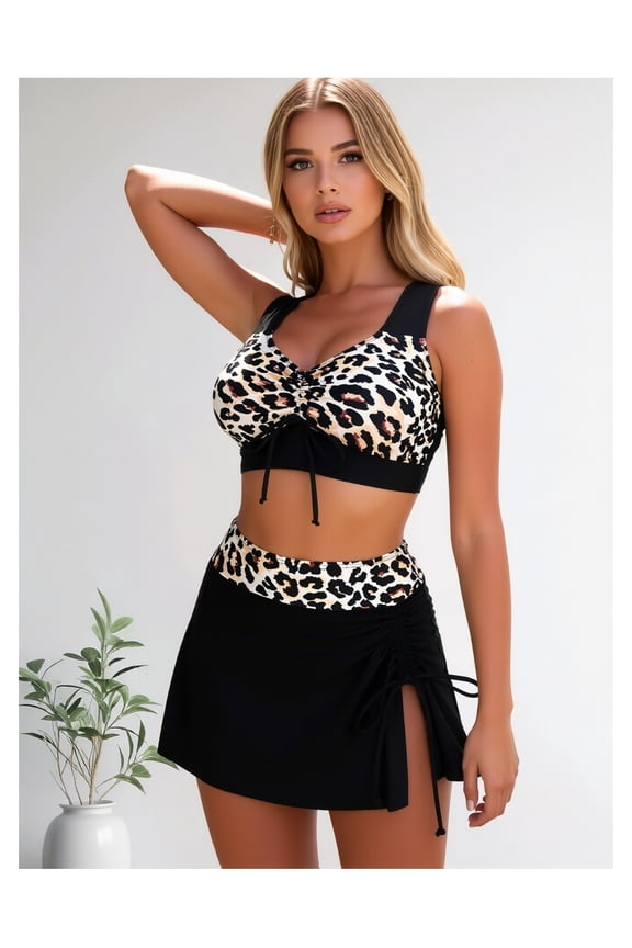 Women's Tankini Set Leopard Print - Black Swimsuit with Short Skirt, Sexy Back Design - Beach Pool Summer Bathing Suit for Women
