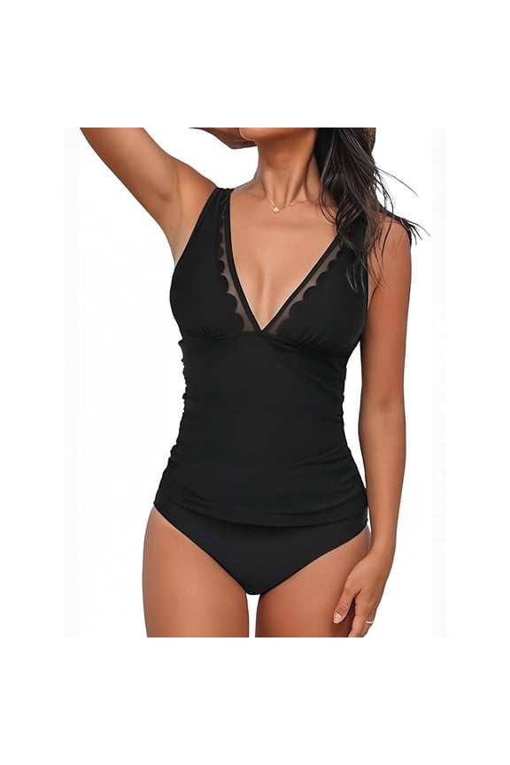 Women's Tankini Sets Mesh Scalloped V Neck Two Piece Bathing Suits Adjustable Straps Mid Rise Swimwear Black M