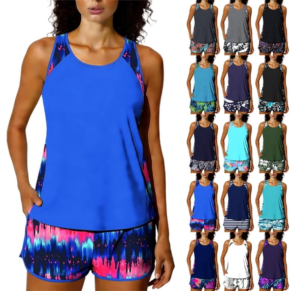 Women's Tankini Sports Two-Piece Swimsuit - Padded Tank Top and Lined Shorts with Pockets - Women's Printed Comfortable Swimwear for Summer Beach Vacations - Blue, Size S