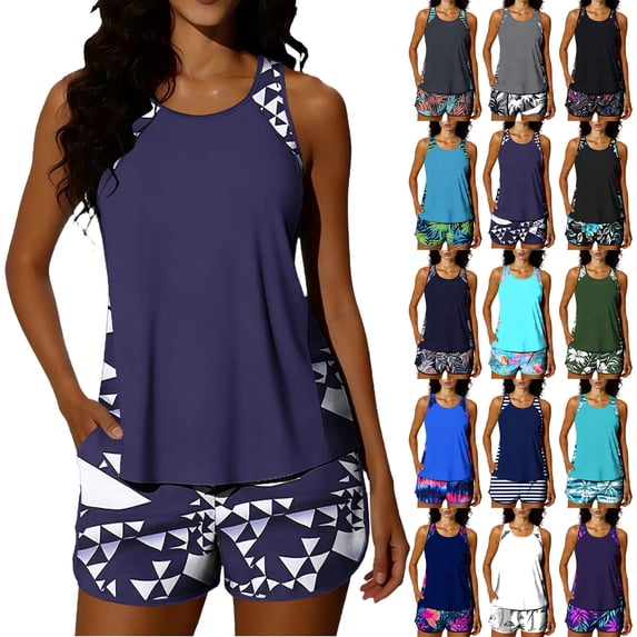 Women's Tankini Sports Two-Piece Swimsuit - Padded Tank Top and Lined Shorts with Pockets - Women's Printed Comfortable Swimwear for Summer Beach Vacations - Dark Blue 1, Size S