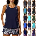 thumbnail image 1 of Women's Tankini Sports Two-Piece Swimsuit - Padded Tank Top and Lined Shorts with Pockets - Women's Printed Comfortable Swimwear for Summer Beach Vacations - Dark Blue 3, Size XL, 1 of 7