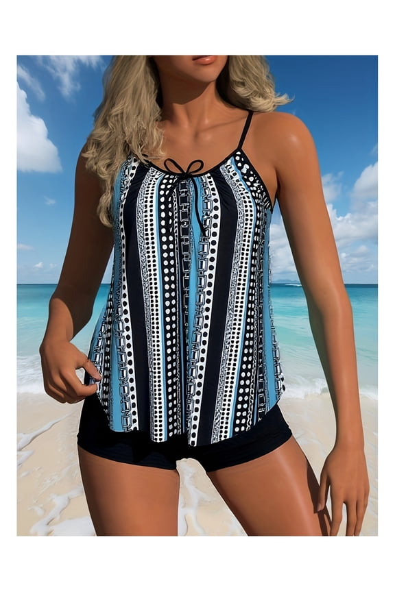 Women's Tankini Swimsuit Bohemian Striped - 2 Piece Bathing Suit with Tie Front Top & High Waisted Shorts, Vintage Retro Swimwear for Women