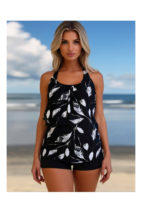 Women's Tankini Swimsuit Halter Top with Feather Print - Two Piece Bathing Suit for Women, Swimsuits for Vacation, Modest Swimwear, UPF 50+ Sun Protection