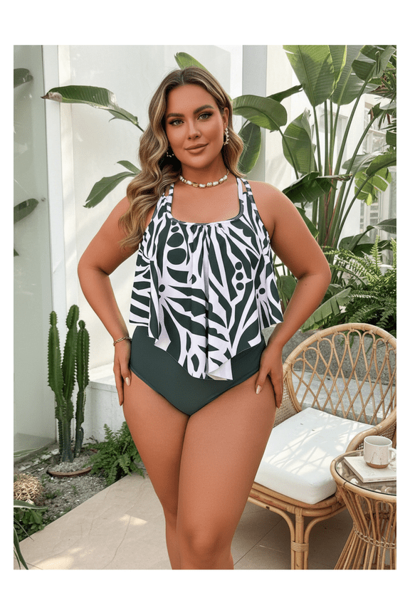 Women's Tankini Swimsuit Large Size Printed Square Neck Bathing Suit Top with Shorts 2 Piece Swimwear for Vacation Beach Pool