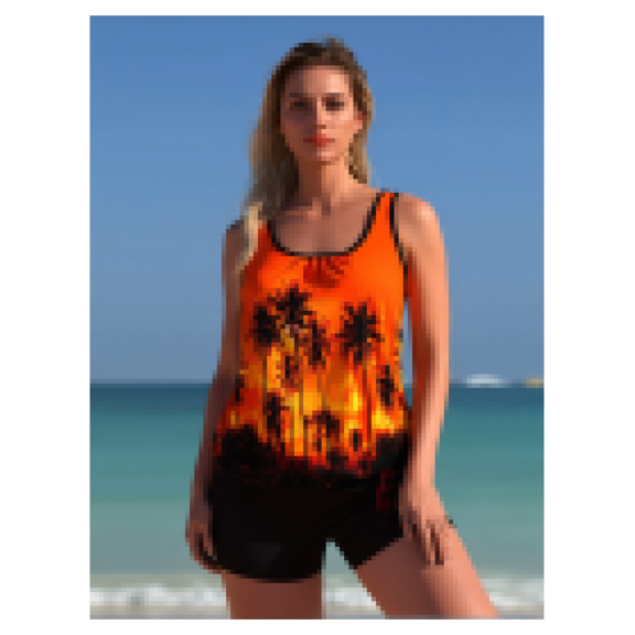 Women's Tankini Swimsuit Palm Tree Print U-Neck Tummy Control Two Piece Bathing Suit for Beach Pool Vacation - Slim Fit