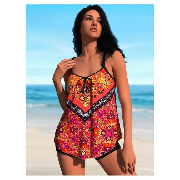 Women's Tankini Swimsuit Printed Two Piece Swimwear Adjustable Straps Padded Sports Bathing Suit for Women Teen Girls