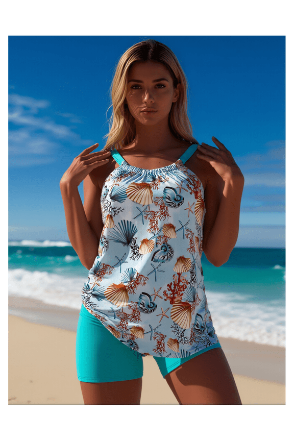 Women's Tankini Swimsuit Seashell Print Turquoise - Cute 2 Piece Bathing Suit with Ruched Top & High Waisted Bottoms for Women, Beach Pool Vacation Swimwear