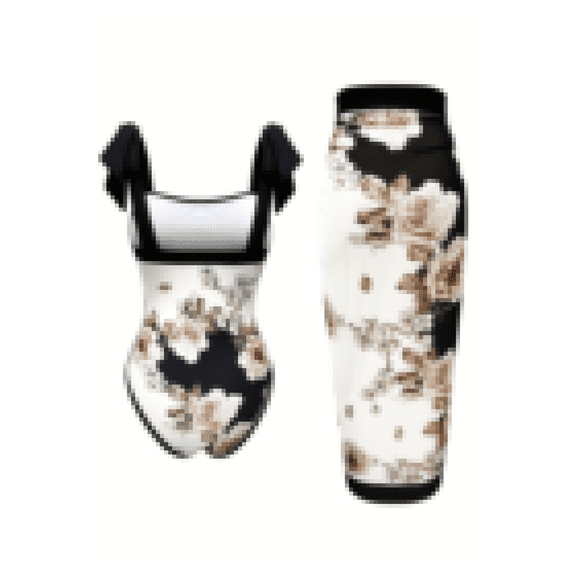 Women's Tankini Swimsuit Set - Black & White Floral Print - Two Piece Swimwear with Half Sleeve Top & Skirt - Beach Pool Hot Spring Bathing Suit