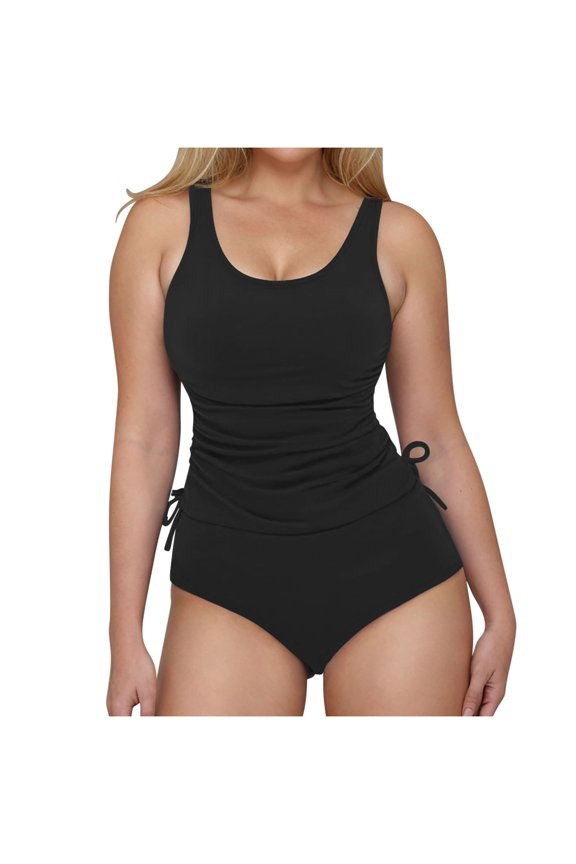 Women's Tankini Swimsuit Tummy Control Wide Strap Side Cinch Drawstring Two Piece Bathing Suit Black 2XL