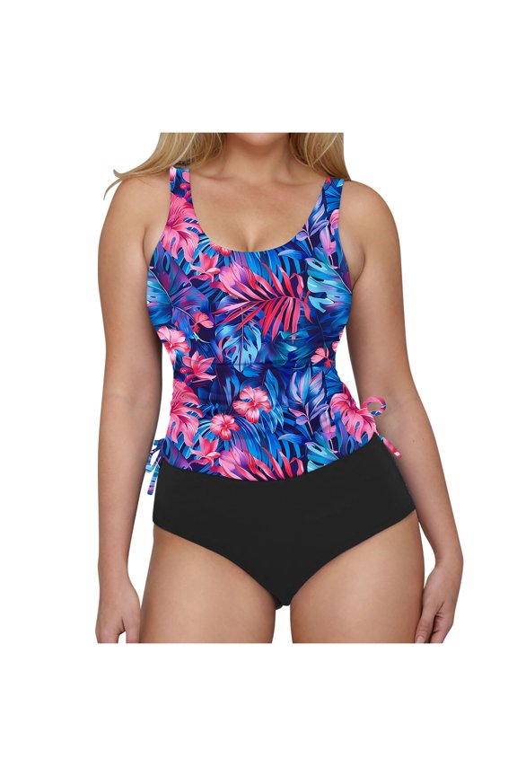 Women's Tankini Swimsuit Tummy Control Wide Strap Side Cinch Drawstring Two Piece Bathing Suit Blue XL