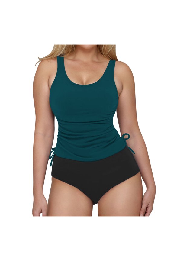 Women's Tankini Swimsuit Tummy Control Wide Strap Side Cinch Drawstring Two Piece Bathing Suit Dark Green S